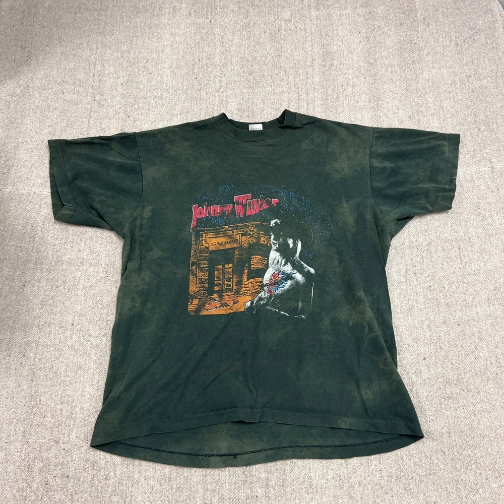 Vintage Johnny Winter Shirt Mens XL Black 1990s Concert Tour Faded Distressed